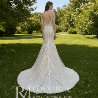 Spaghetti Strap Champagne Tulle Lace Mermaid Wedding Dress - Rosymae