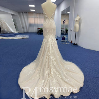 Spaghetti Strap Champagne Tulle Lace Mermaid Wedding Dress - Rosymae