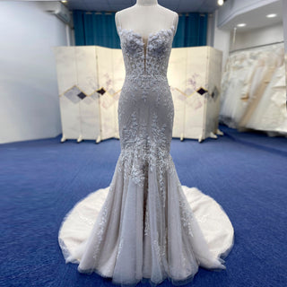 Spaghetti Strap Champagne Tulle Lace Mermaid Wedding Dress - Rosymae