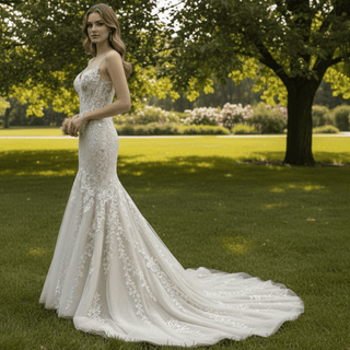 Spaghetti Strap Champagne Tulle Lace Mermaid Wedding Dress - Rosymae