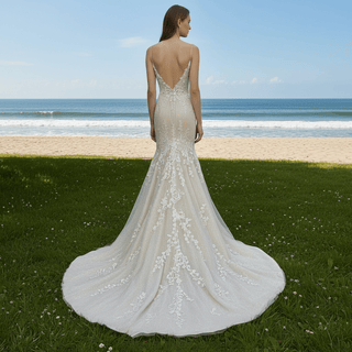 Spaghetti Strap Champagne Tulle Lace Mermaid Wedding Dress - Rosymae