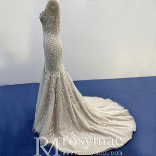 Spaghetti Strap Champagne Tulle Lace Mermaid Wedding Dress - Rosymae