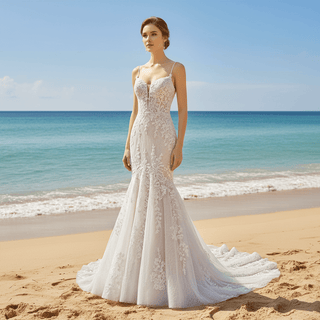 Spaghetti Strap Champagne Tulle Lace Mermaid Wedding Dress - Rosymae