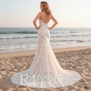 Spaghetti Strap Fit Flare V-neck Lace Bridal Gown Wedding Dress - Rosymae