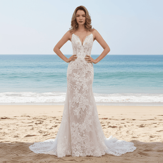 Spaghetti Strap Fit Flare V-neck Lace Bridal Gown Wedding Dress - Rosymae