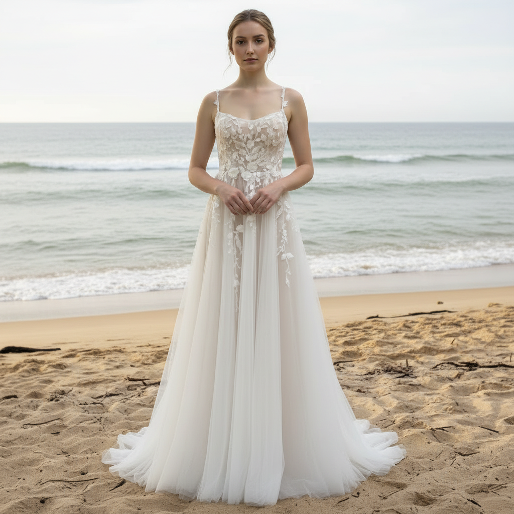 Classic A-line Floral Lace Wedding Dress with Spaghetti Strap for Wome Rosymae Classic A-line Floral Lace Wedding Dress with Spaghetti Strap for Wome Rosymae