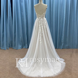 Classic A-line Floral Lace Wedding Dress with Spaghetti Strap for Women