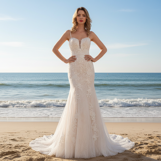 Modest Spaghetti Strap Mermaid Lace Bridal Wedding Dress