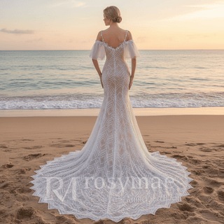 Spaghetti Strap Mermaid Grid Pattern Lace Bridal Wedding Dress - Rosymae