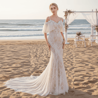 Spaghetti Strap Mermaid Grid Pattern Lace Bridal Wedding Dress - Rosymae