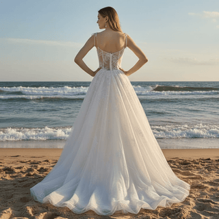 Spaghetti Strap Neckline A-line Wedding Dress Sheer Bodice - Rosymae
