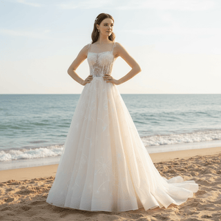 Spaghetti Strap Neckline A-line Wedding Dress Sheer Bodice - Rosymae