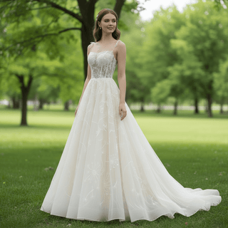 Spaghetti Strap Neckline A-line Wedding Dress Sheer Bodice - Rosymae