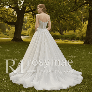 Spaghetti Strap Neckline A-line Wedding Dress Sheer Bodice - Rosymae