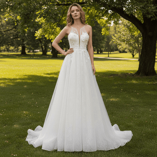 Spaghetti Strap Plunging A-line Tulle Wedding Dress Low Back - Rosymae