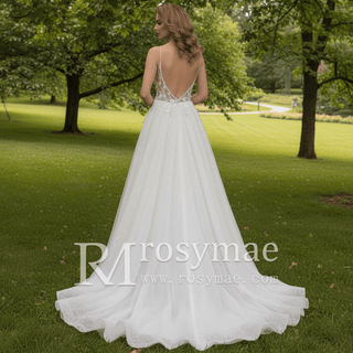 Spaghetti Strap Plunging A-line Tulle Wedding Dress Low Back - Rosymae