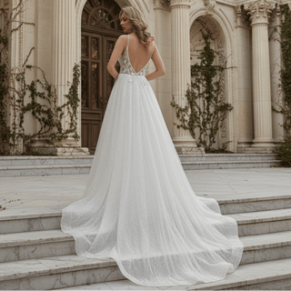 Spaghetti Strap Plunging A-line Tulle Wedding Dress Low Back - Rosymae