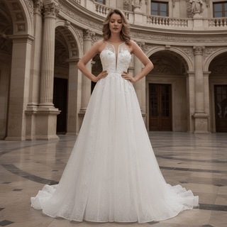 Spaghetti Strap Plunging A-line Tulle Wedding Dress Low Back - Rosymae