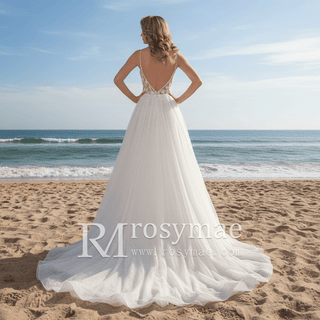 Spaghetti Strap Plunging A-line Tulle Wedding Dress Low Back - Rosymae