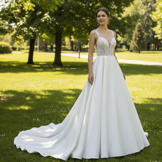 Robe de mariée trapèze classique en satin avec bretelles spaghetti et dos ouvert