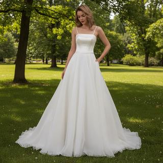 Spaghetti Strap Satin and Organza Wedding Dress with Pocket