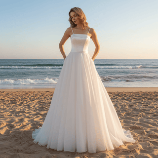 Spaghetti Strap Satin and Organza Wedding Dress with Pocket - Rosymae