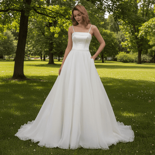 Spaghetti Strap Satin and Organza Wedding Dress with Pocket - Rosymae