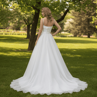 Spaghetti Strap Satin and Organza Wedding Dress with Pocket - Rosymae