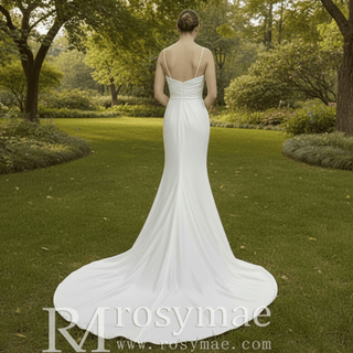 Spaghetti Strap Simple Satin Mermaid Wedding Dress with Leg Slit - Rosymae