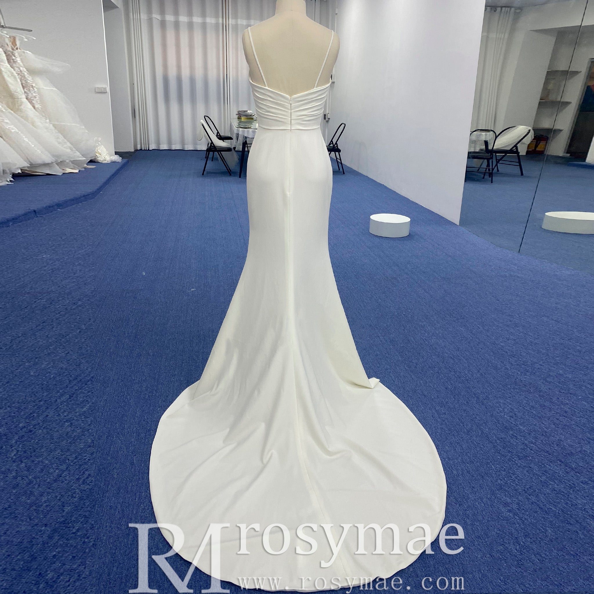 Spaghetti Strap Simple Satin Mermaid Wedding Dress with Leg Slit - Rosymae