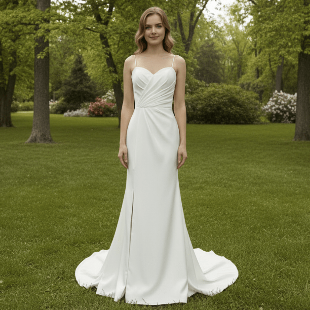 Spaghetti Strap Simple Satin Mermaid Wedding Dress with Leg Slit - Rosymae