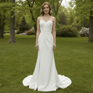Spaghetti Strap Simple Satin Mermaid Wedding Dress with Leg Slit - Rosymae