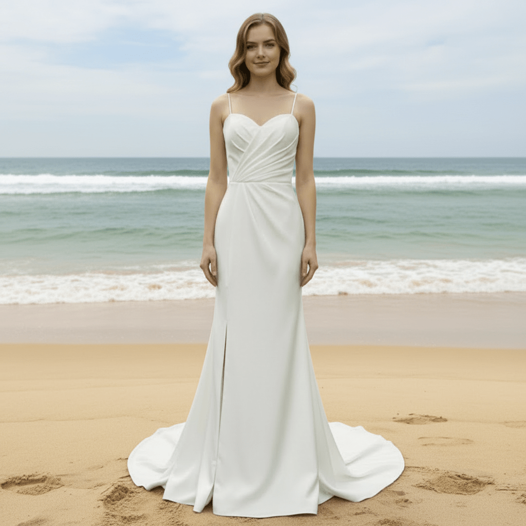 Spaghetti Strap Simple Satin Mermaid Wedding Dress with Leg Slit - Rosymae
