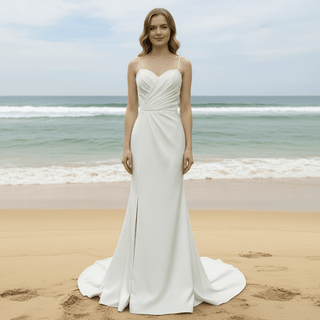 Spaghetti Strap Simple Satin Mermaid Wedding Dress with Leg Slit - Rosymae