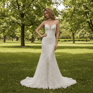 Spaghetti Strap V-neck Slit Mermaid Lace Wedding Dress - Rosymae