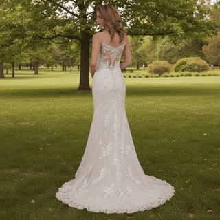 Spaghetti Strap V-neck Slit Mermaid Lace Wedding Dress - Rosymae