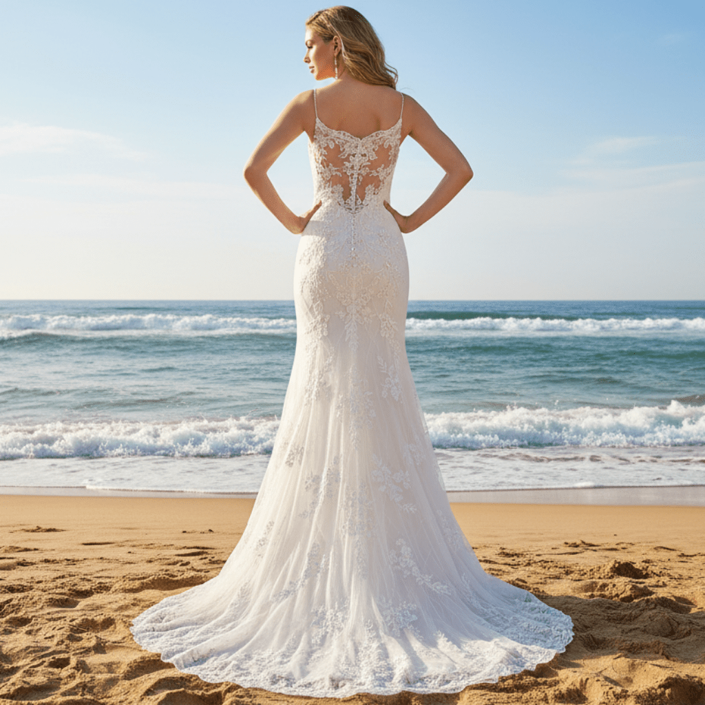 Spaghetti Strap V-neck Slit Mermaid Lace Wedding Dress - Rosymae