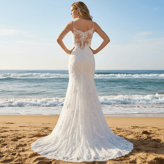 Spaghetti Strap V-neck Slit Mermaid Lace Wedding Dress - Rosymae