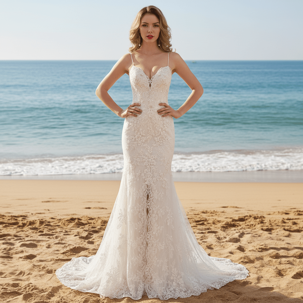 Spaghetti Strap V-neck Slit Mermaid Lace Wedding Dress - Rosymae