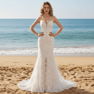 Spaghetti Strap V-neck Slit Mermaid Lace Wedding Dress - Rosymae