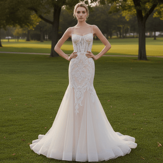 Spaghetti Strap Vintage Mermaid Lace Appliques Wedding Dress - Rosymae