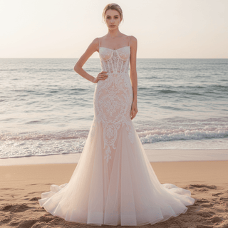 Spaghetti Strap Vintage Mermaid Lace Appliques Wedding Dress - Rosymae