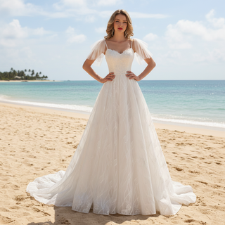 Spaghetti Strap A-line Lace Wedding Dress With Cap Sleeve