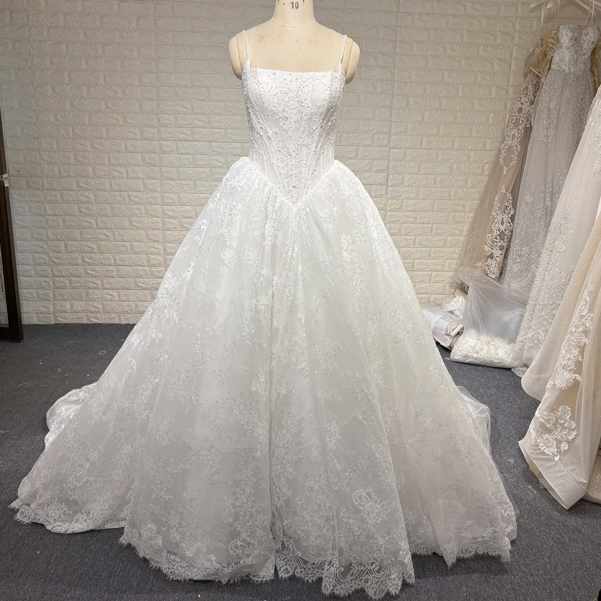 Spaghetti Straps Basque Waist Ball Gown Wedding Dress with Square Neckline - Rosymae
