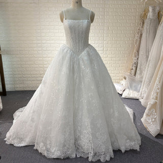 Spaghetti Straps Basque Waist Ball Gown Wedding Dress with Square Neckline - Rosymae