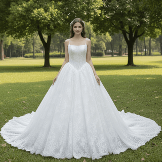 Spaghetti Straps Basque Waist Ball Gown Wedding Dress with Square Neckline - Rosymae