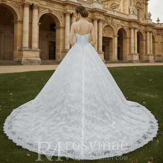 Spaghetti Straps Basque Waist Ball Gown Wedding Dress with Square Neckline - Rosymae