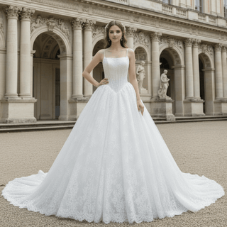 Spaghetti Straps Basque Waist Ball Gown Wedding Dress with Square Neckline - Rosymae