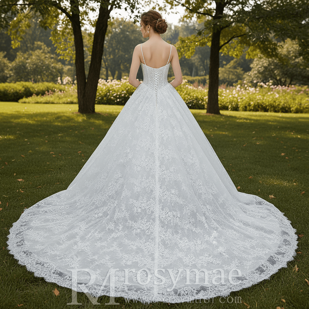 Spaghetti Straps Basque Waist Ball Gown Wedding Dress with Square Neckline - Rosymae