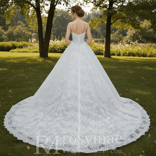 Spaghetti Straps Basque Waist Ball Gown Wedding Dress with Square Neckline - Rosymae